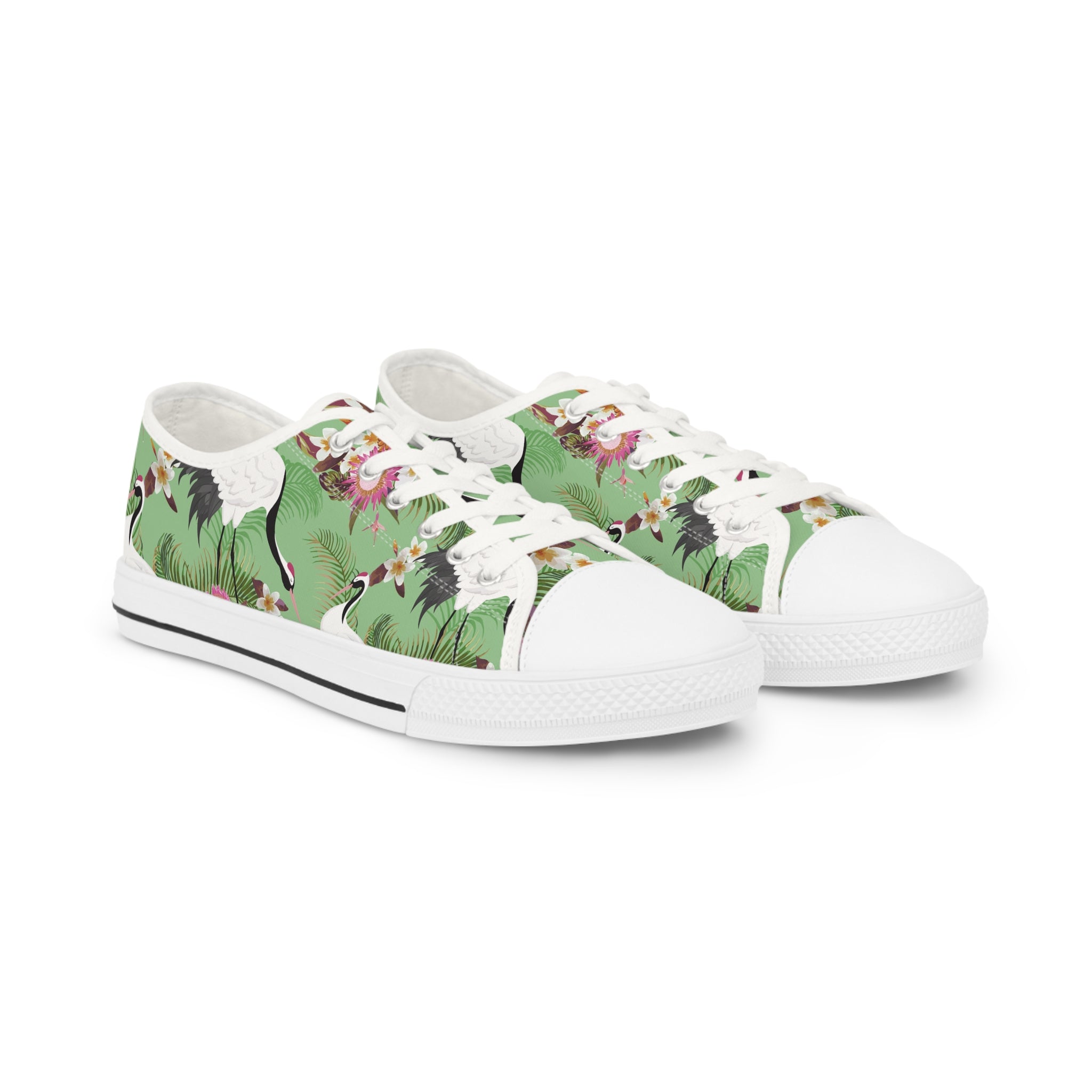 Mens Tropical Crane Low Top Sneakers Green And White Exotic Bird Design Cqwnu