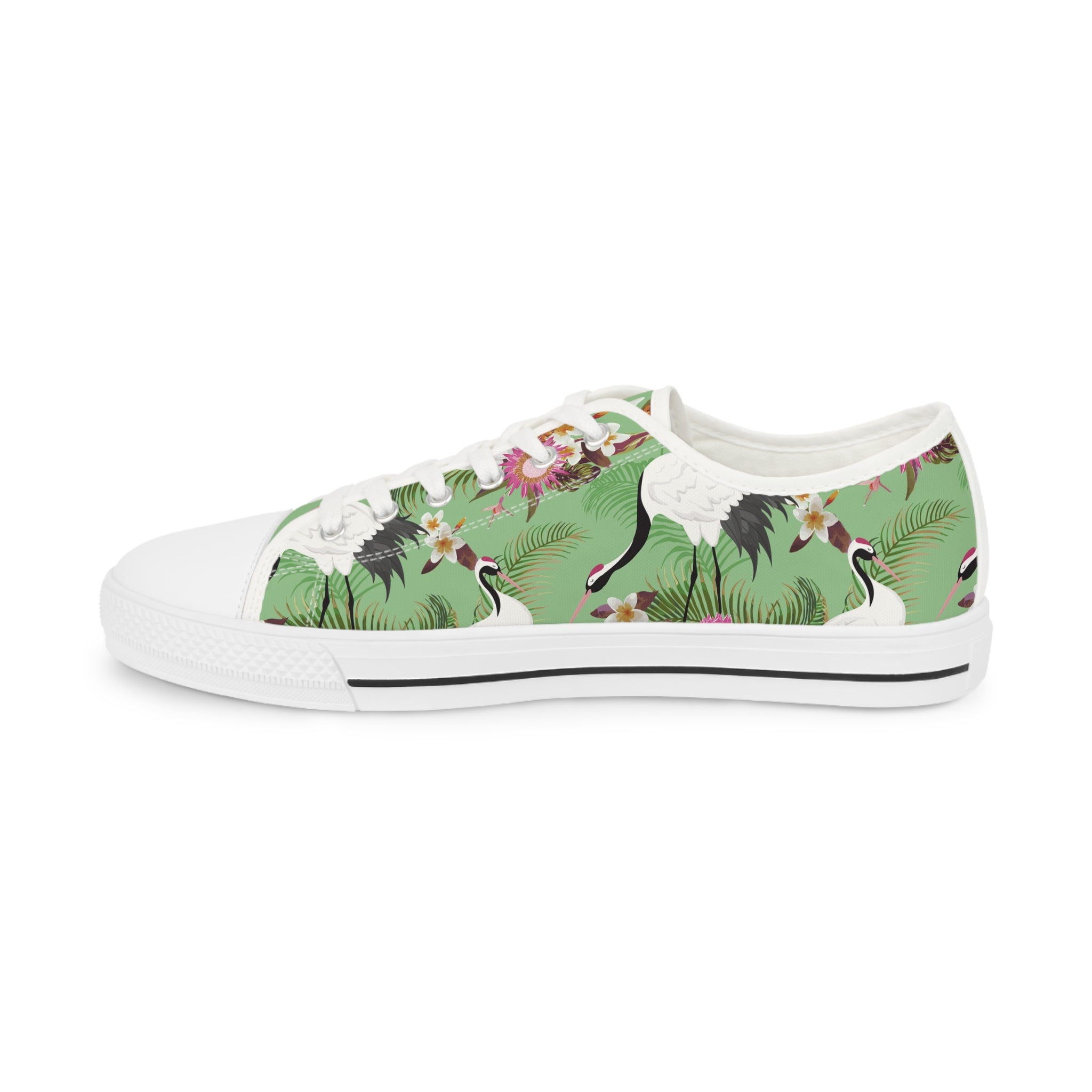 Men’s Tropical Crane Low-Top Sneakers – Green and White Exotic Bird Design