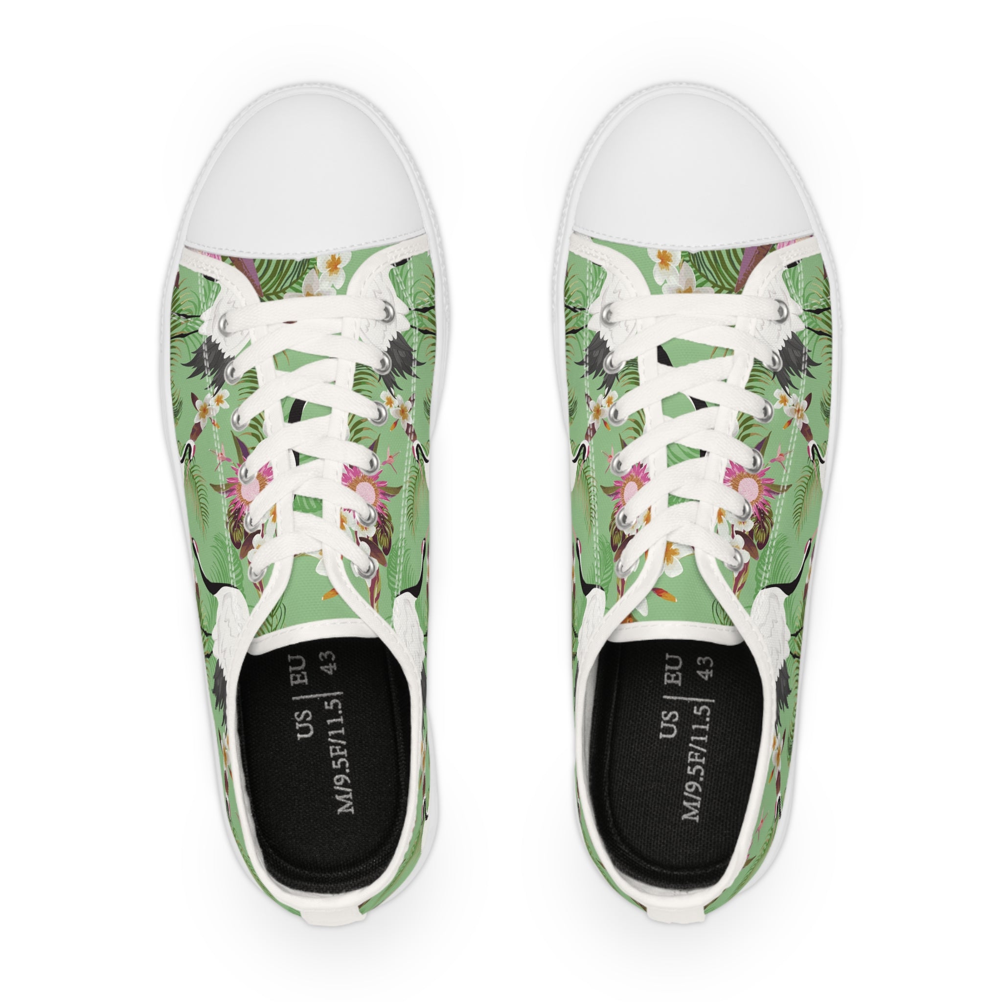 Men’s Tropical Crane Low-Top Sneakers – Green and White Exotic Bird Design